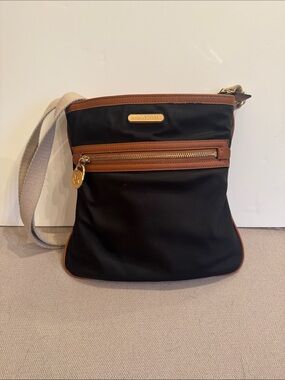Michael Kors Black Crossbody with Brown Leather Trim and Gold Hardware